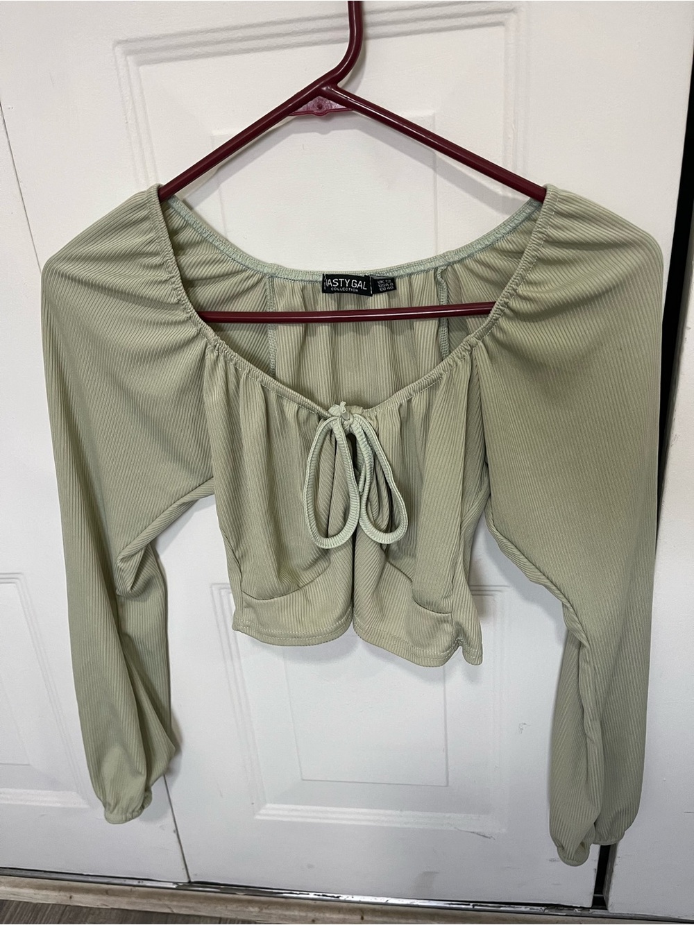Nasty Gal Sage Green Ribbed Tie-Front Long Sleeve Crop Top
